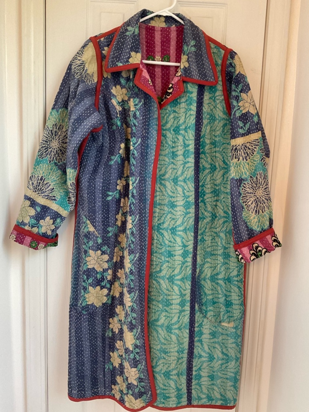 Indian Reversible Floral Patchwork Trench Coat Teal Navy quilted stitch 22”x42”